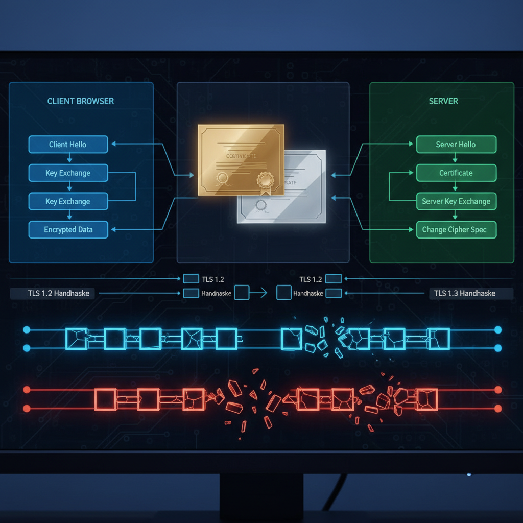 Close-up of a computer screen showing TLS handshake and network packets.