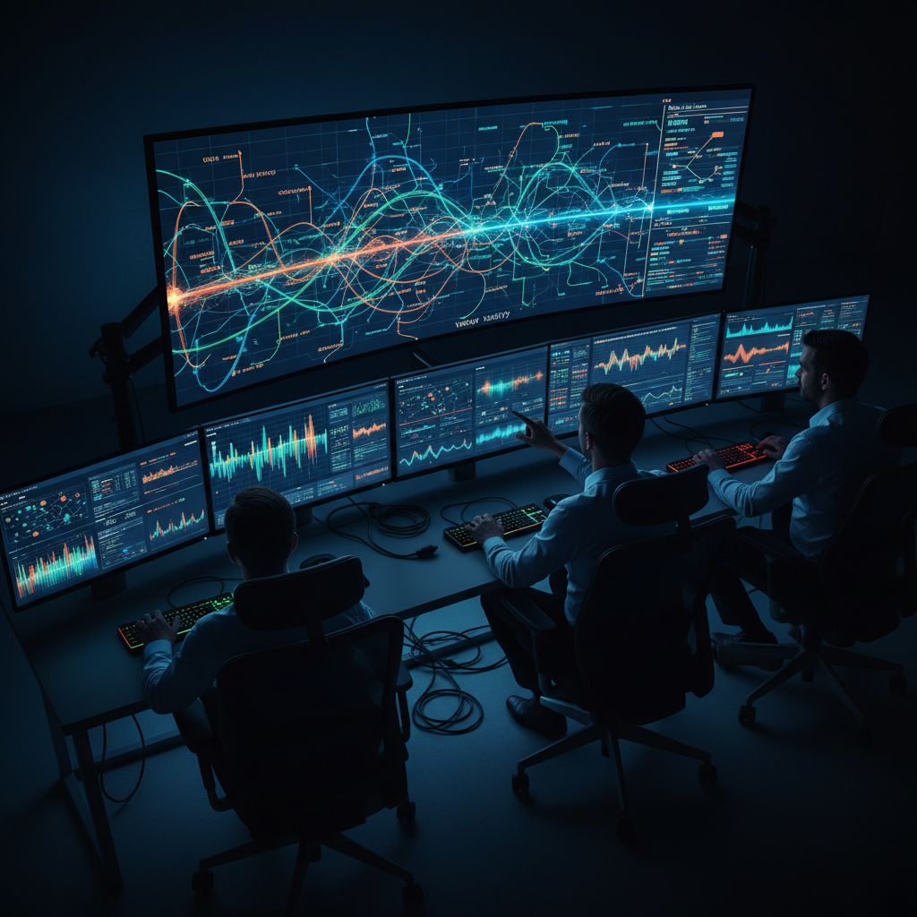 Analysts in a dim room monitoring user behavior on screens.