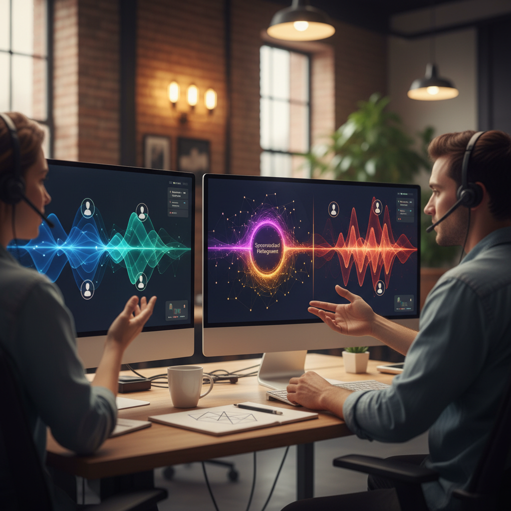 Two people collaborating at desks with synchronized profile management.