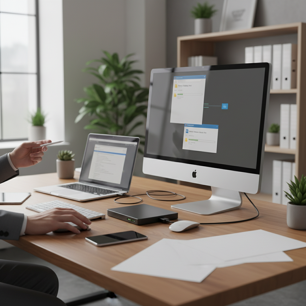 Manual backup of browser profiles in an office, with devices and notes.
