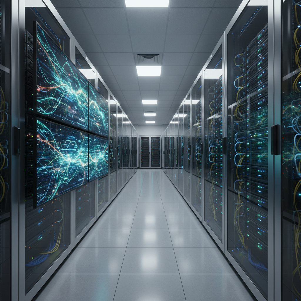 Servers in data center with network traffic analysis screens.