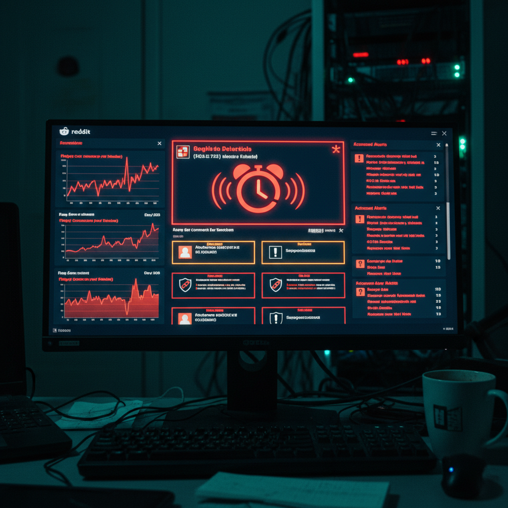 Moderator's dashboard with account suspension alerts and detection metrics.