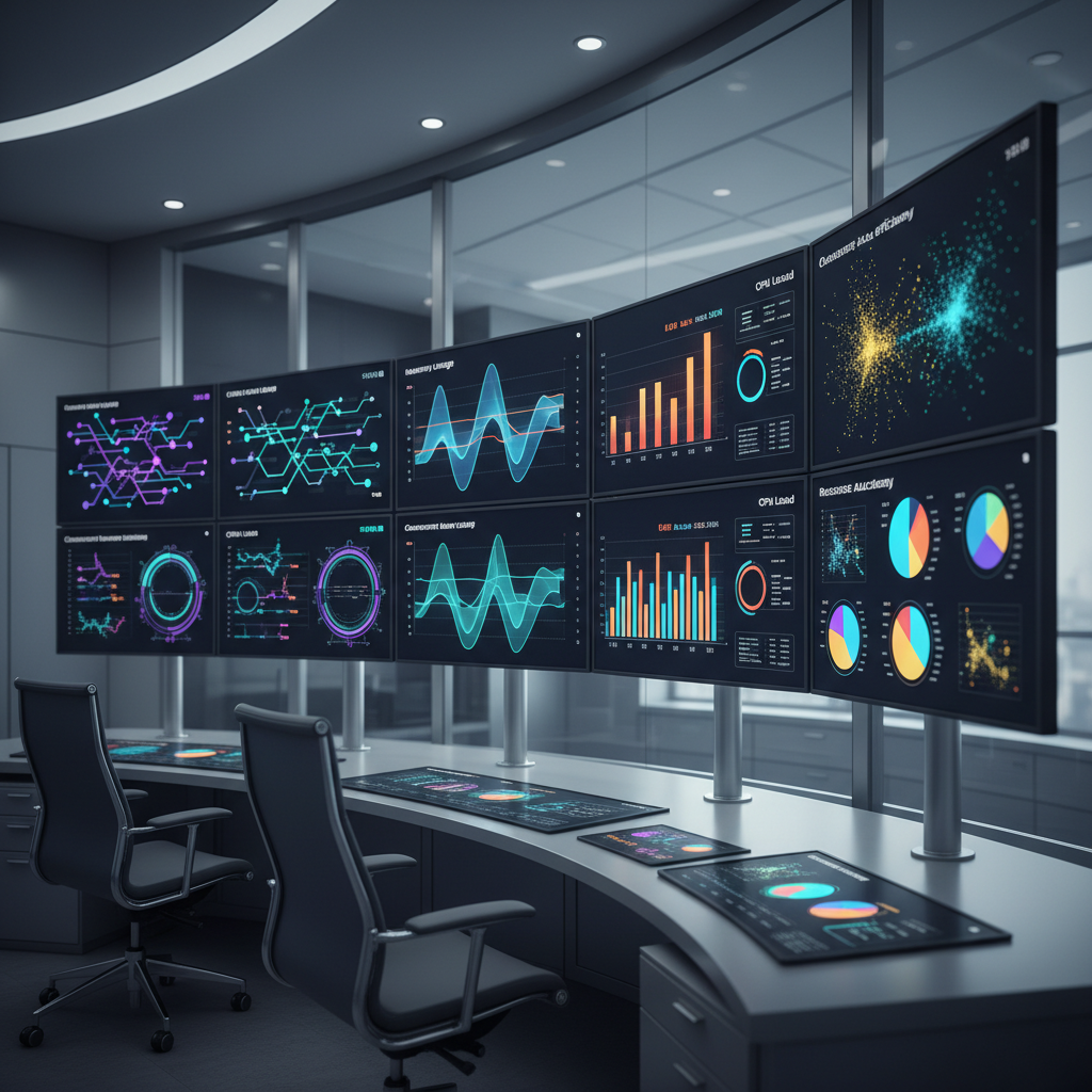 Office with screens showing resource optimization for browsers.