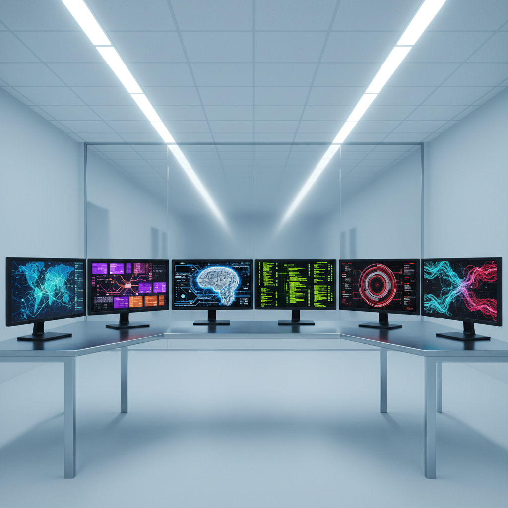Workstation with multiple monitors showing separate virtual environments.