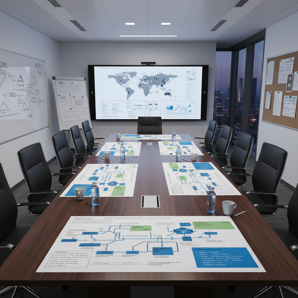Boardroom with plans for scaling profile management and strategic documents.