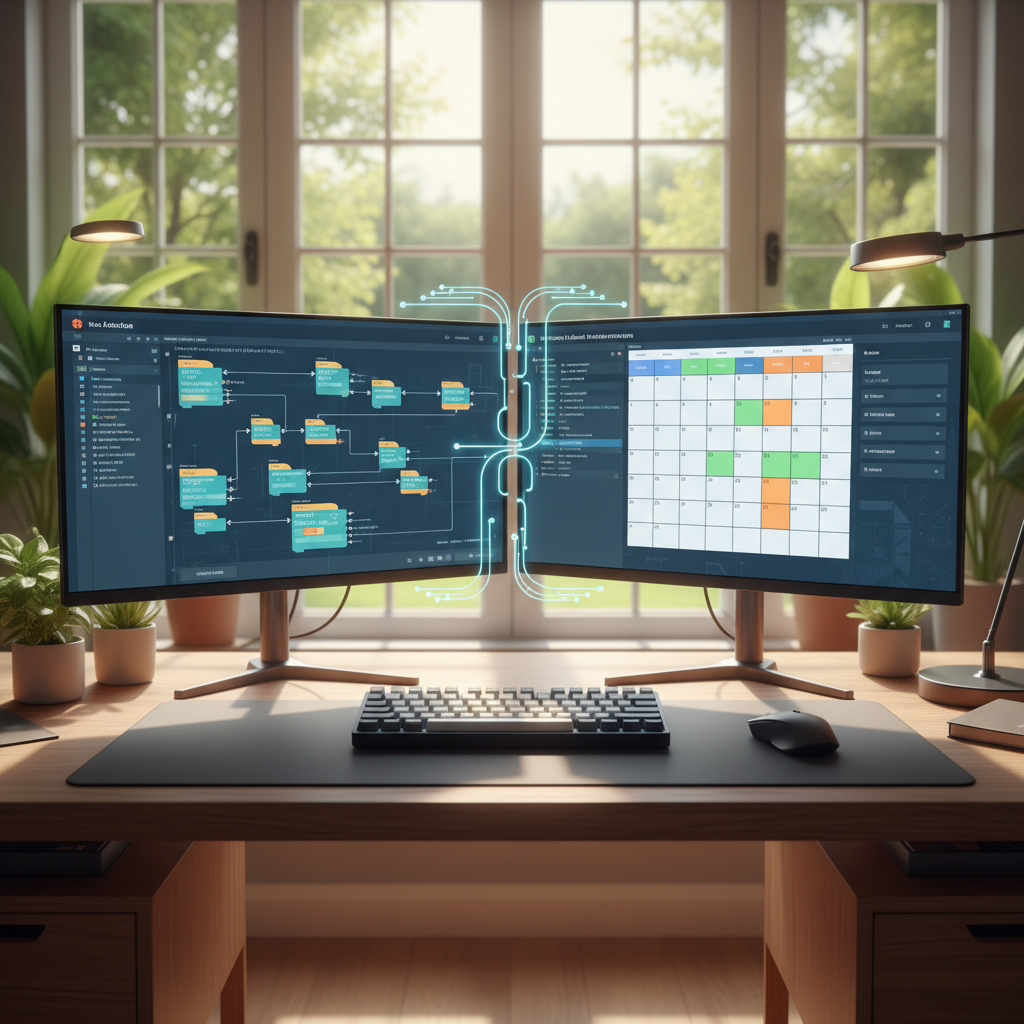 Dual monitors showing Reddit script and content scheduling.