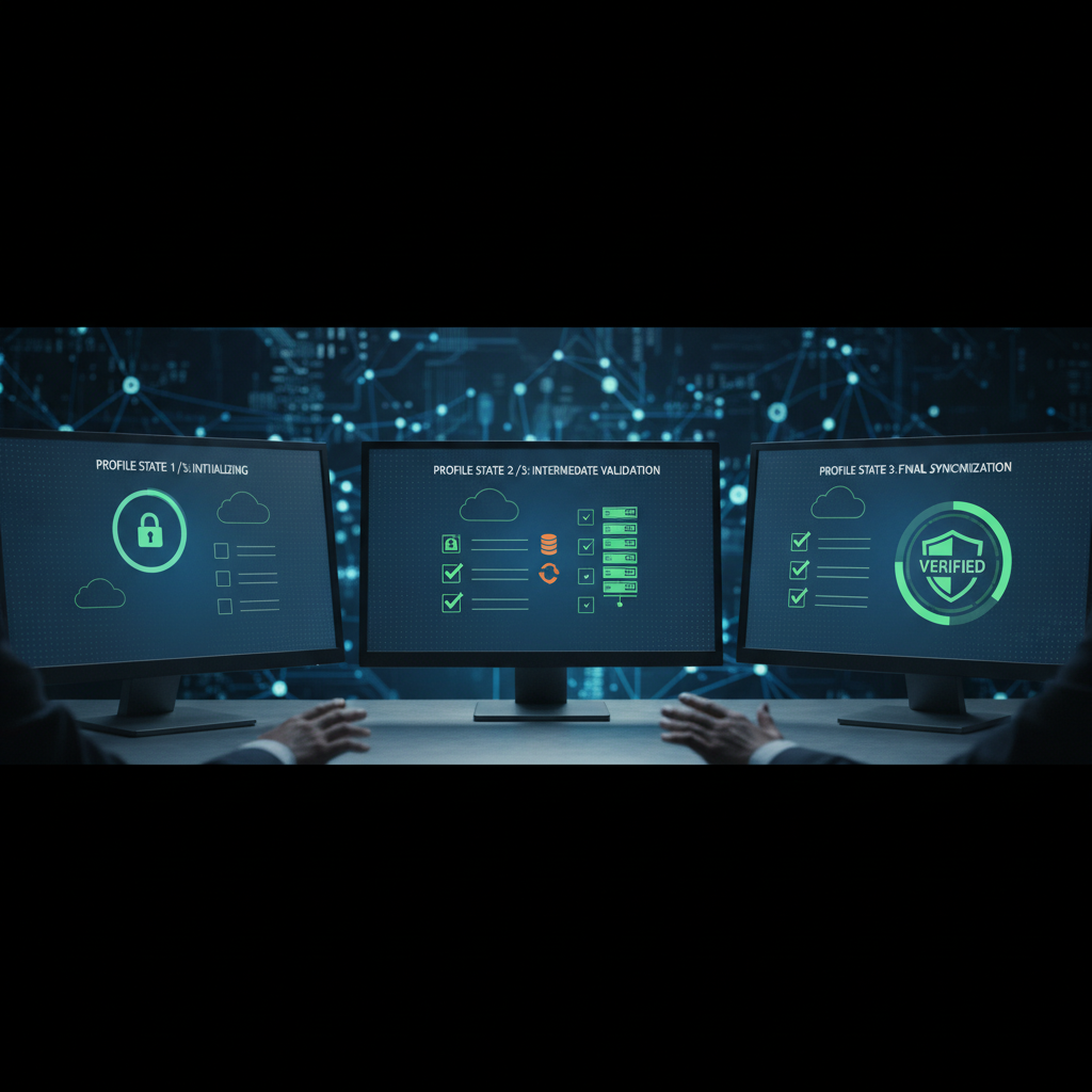 Monitors showing sync process stages with verification checklists.
