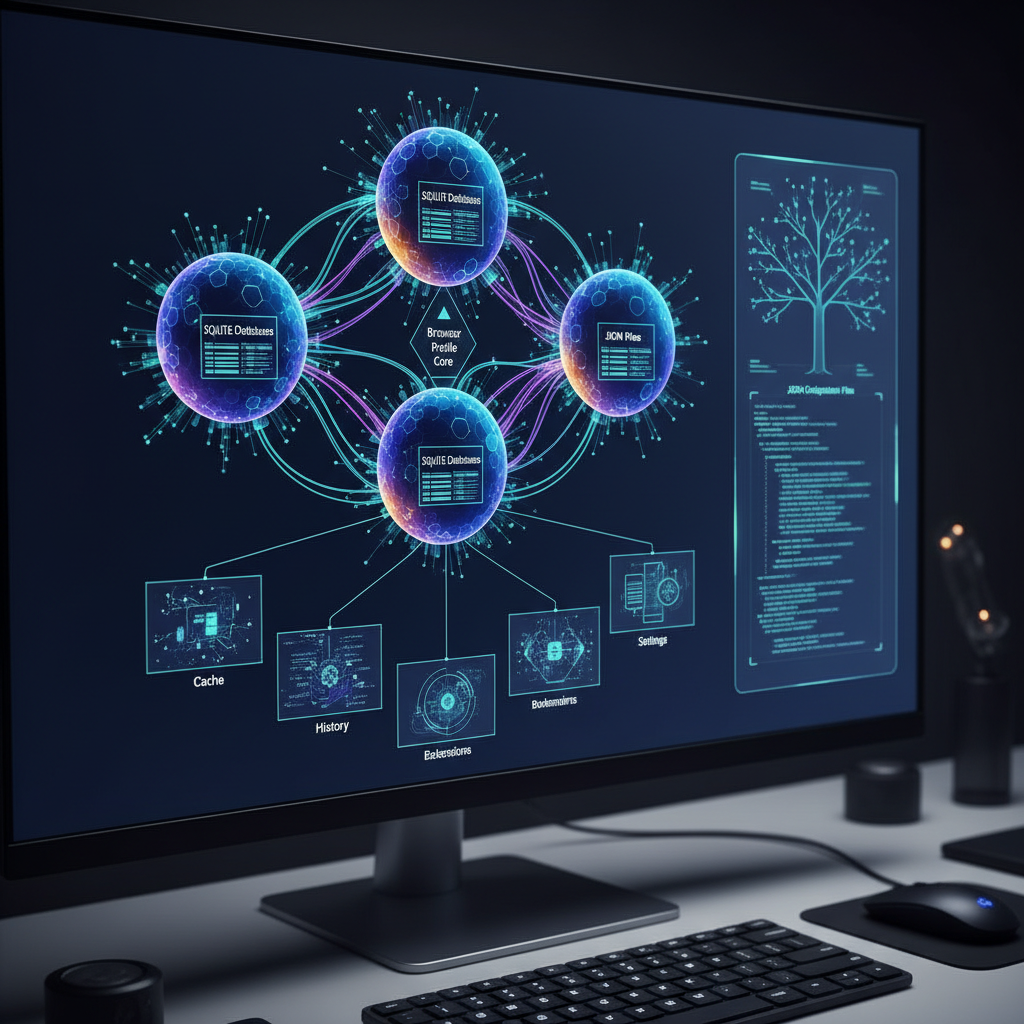 Computer interface showing interconnected SQLite databases and JSON files.