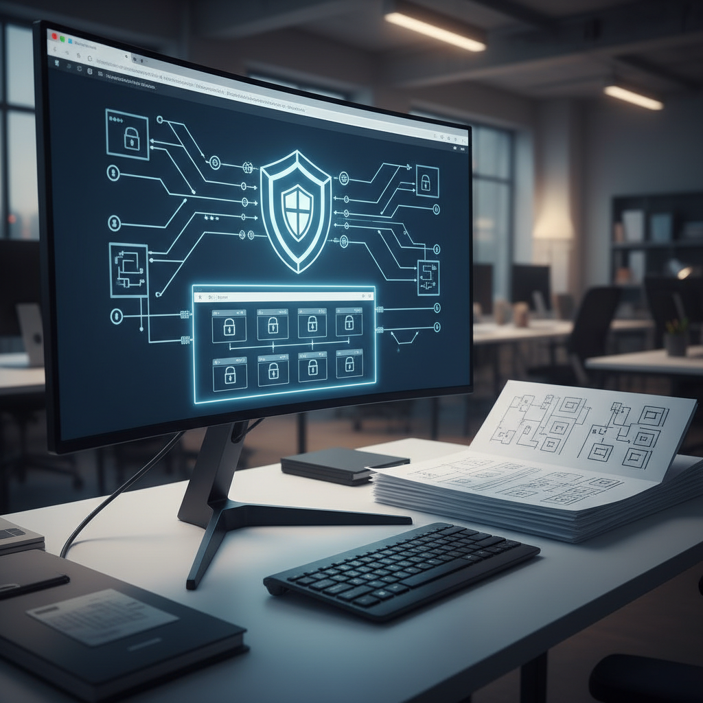 Single-browser interface on a computer in an office, with access control instructions.