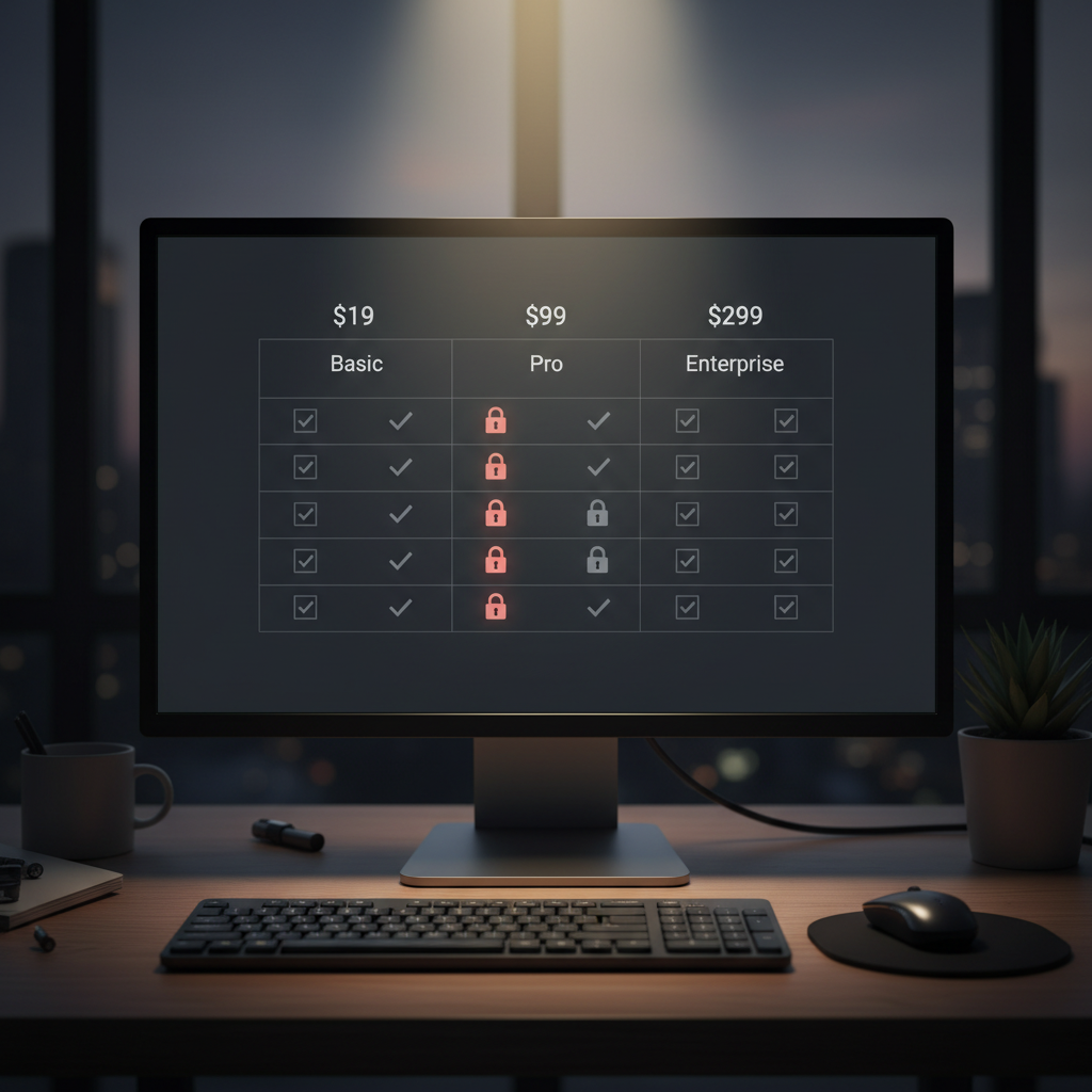 Computer screen showing subscription pricing table with locked features.