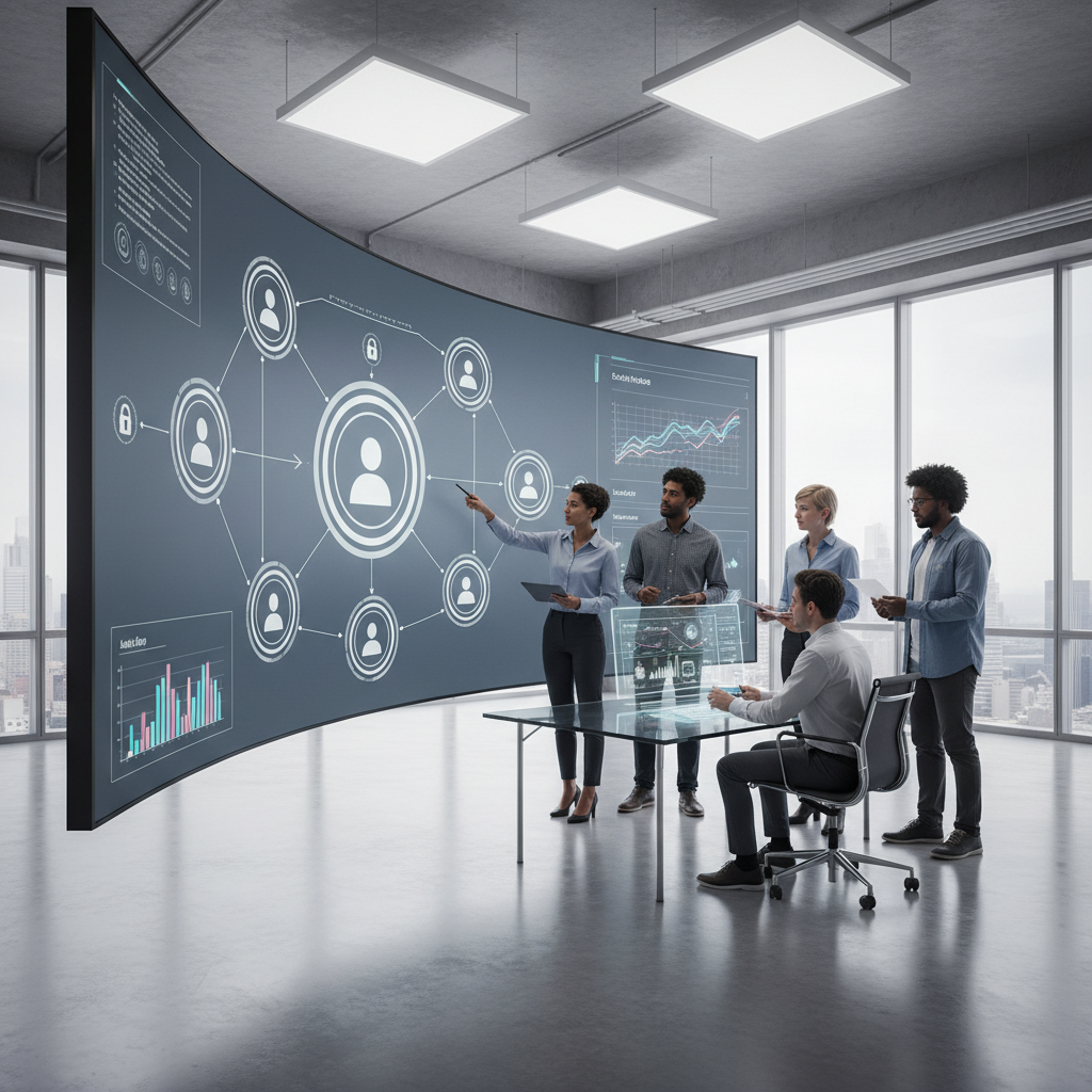 Team collaborating in digital workspace with centralized profile management.