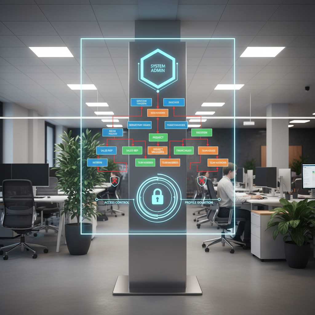 Office with digital dashboard showing role-based access hierarchy.