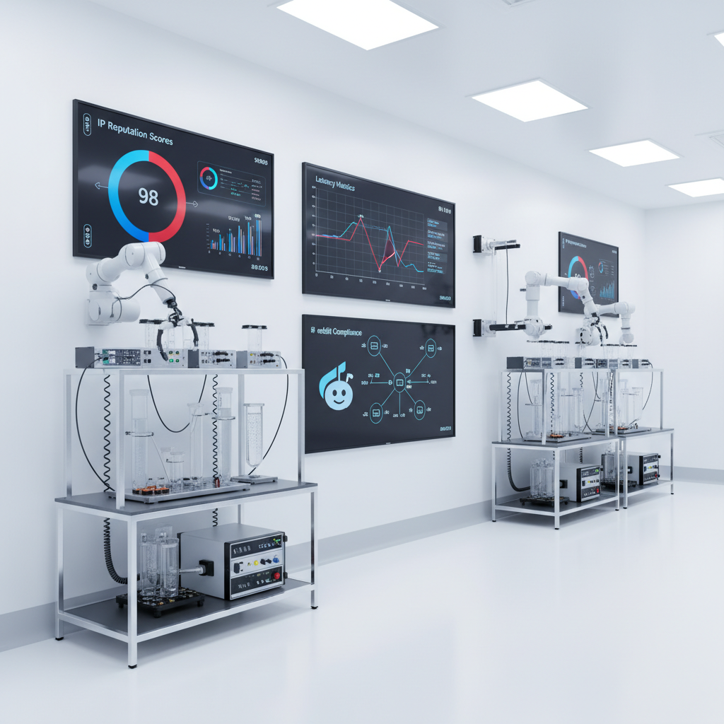 Testing equipment displaying IP reputation and latency metrics.