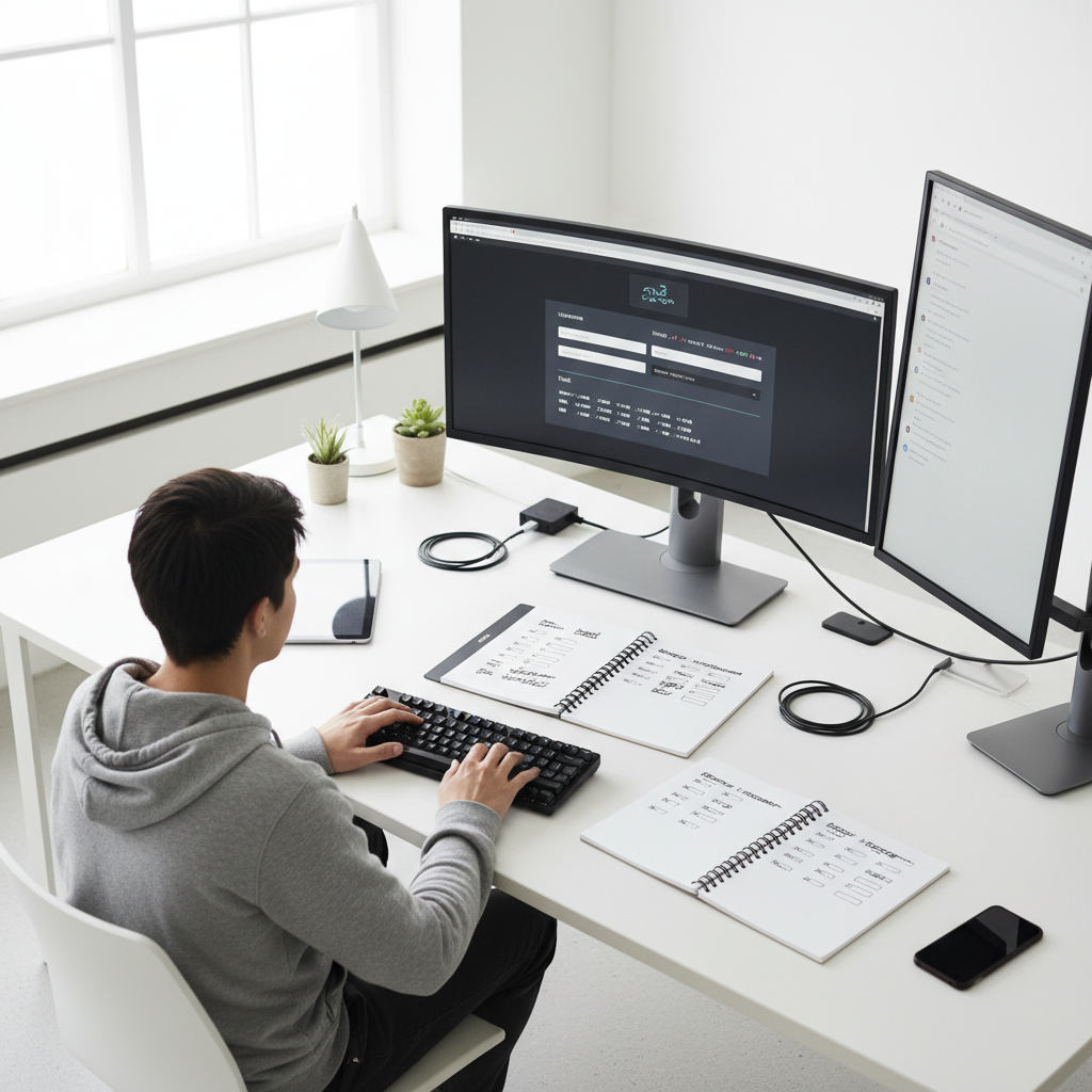 Tech workspace with test accounts creation setup on a desk.