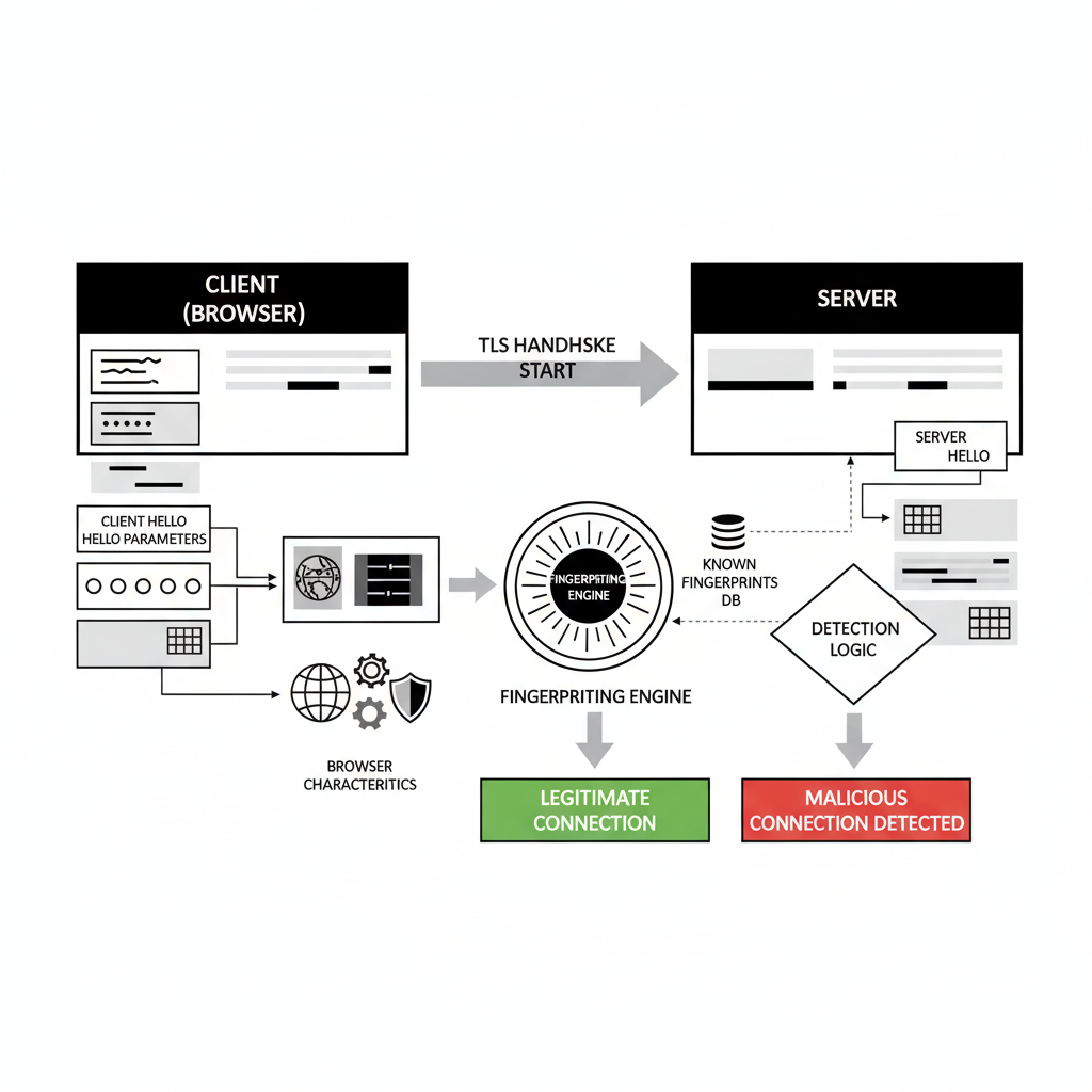 Diagram of TLS fingerprinting detection with handshake parameters.