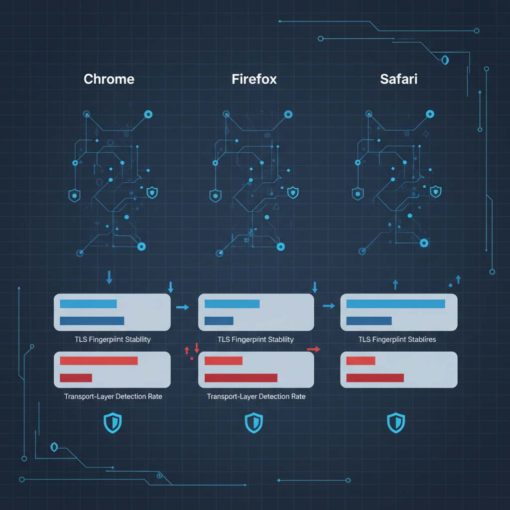 Diagram comparing browser engines' TLS fingerprint stability and detection rates.