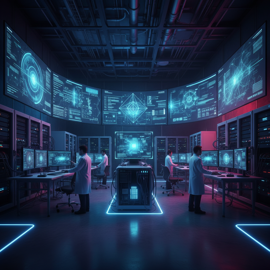 Advanced computing equipment with data screens in a tech lab.