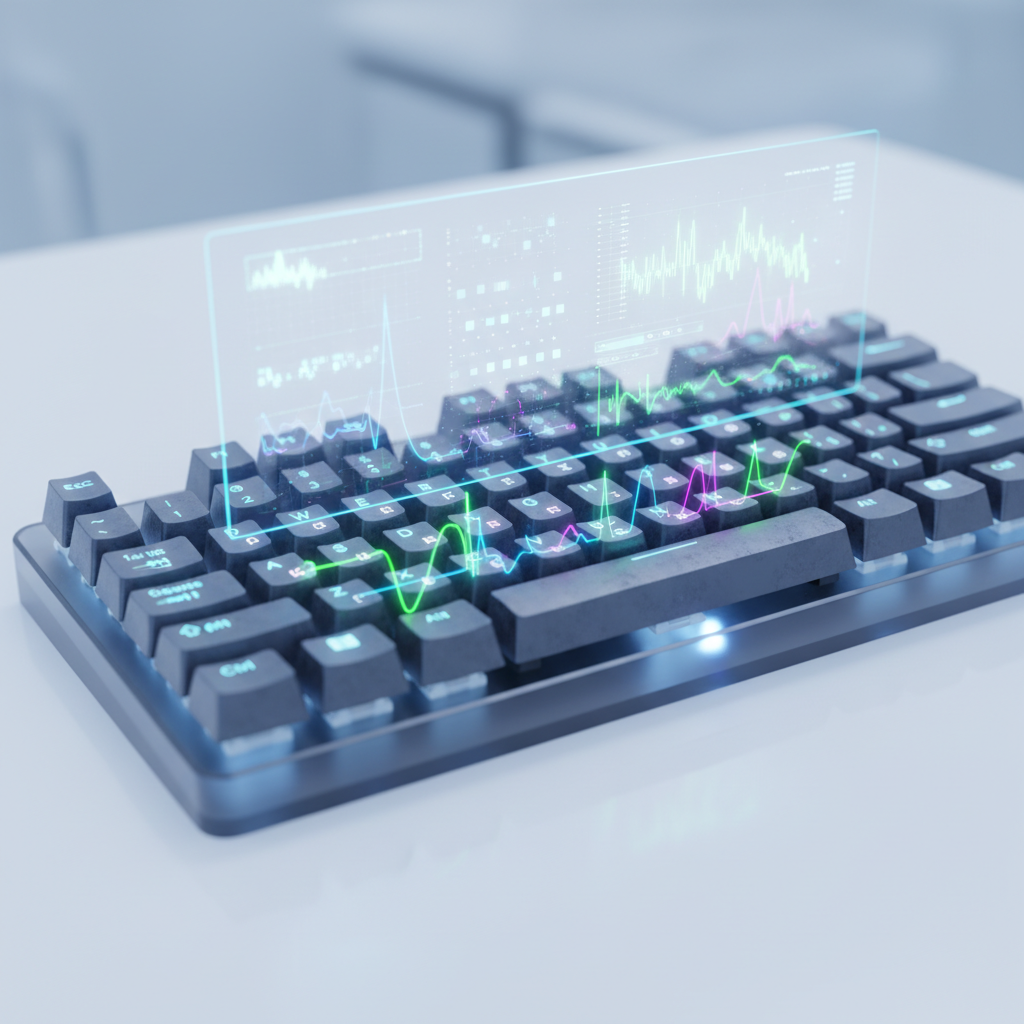 Keyboard with overlays showing timing patterns between keystrokes.