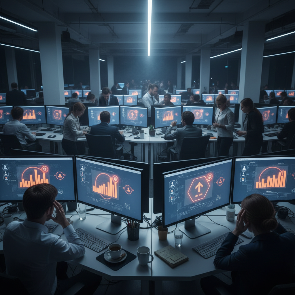 Office with screens showing browsers hitting profile limits, upgrade alerts.