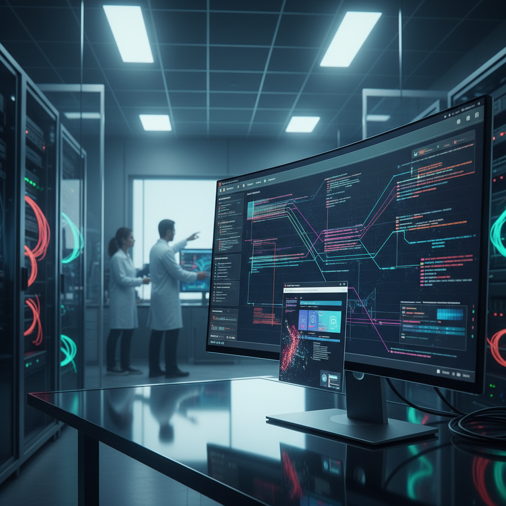 Computer screen with data analysis software in a lab setting.
