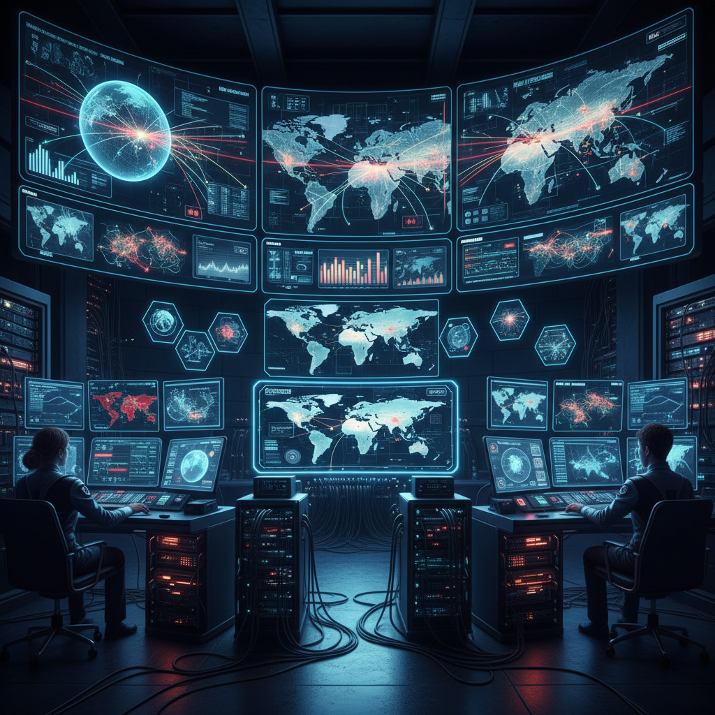 Network control room with monitors showing IP distribution maps.