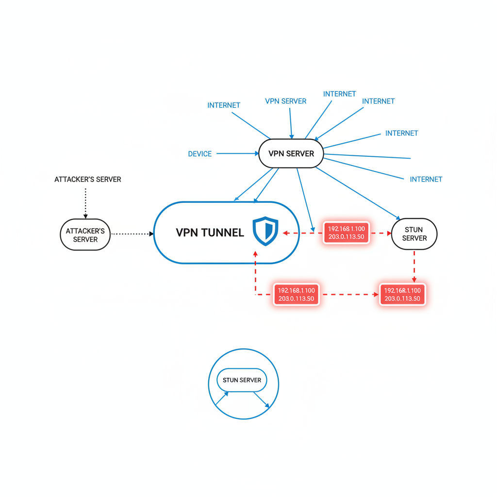 Diagram of network paths with IP addresses leaking through VPN