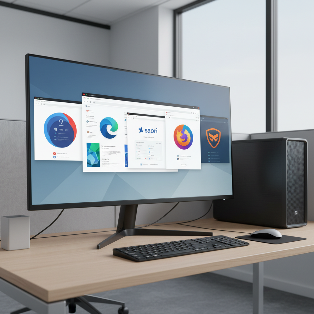 Computer screen with five browsers: Chrome, Edge, Safari, Firefox, Brave.
