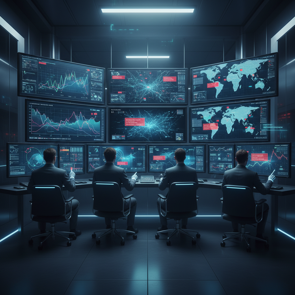 Control room with monitors showing velocity graphs and alerts.