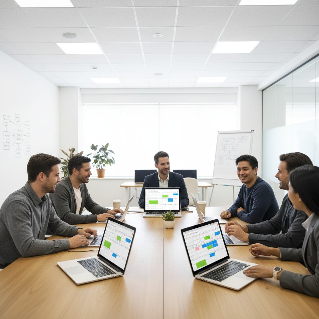 Team using digital calendars on laptops to manage access in an office.